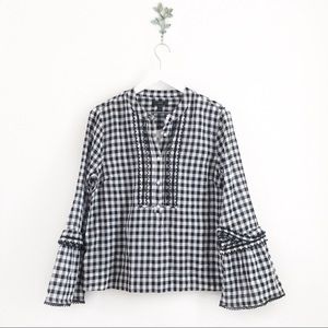J. CREW Gingham Bell Sleeve Top Black & White 8